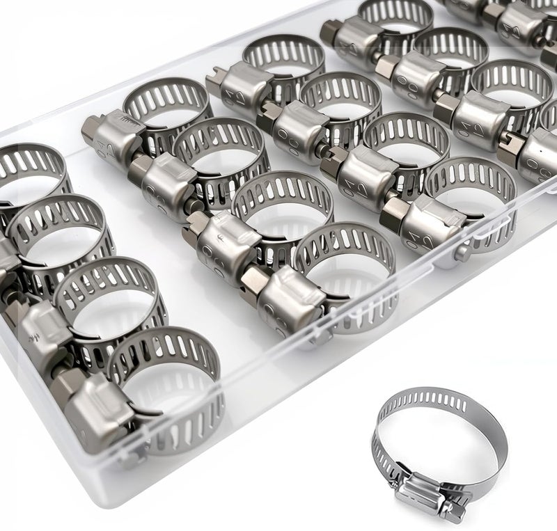 Haespot Hose Clamps 20PCS, Stainless Steel, Radiator Hose Clamps, Small Size, 1/4– 1/2"(6-12mm) Worm Gear Hose Clamp Kit,Small Metal Pipe Set for Automotive,Plumbing,Intercooler - Image 1